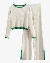 Knit Two Piece Outfit Color Block Cropped Top Long Pants Ribbed Sweater Set
