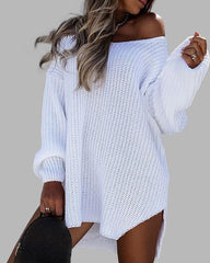 Loose Mid-length Off-shoulder V-neck Slit Knitted Sweater