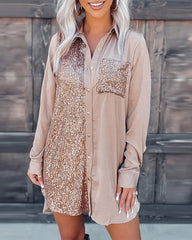 Long Sleeve Mini Shirt Dress Lapel Button Sequin Short Dresss