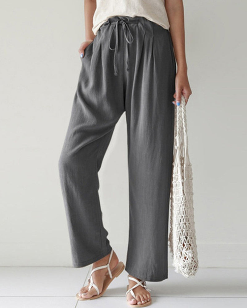 High Waist Trousers Solid Color Palazzo Pant Beach Casual Boho Drawstring Bottoms