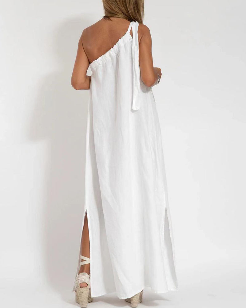 Sleeveless Asymmetrical Off-Shoulder Slit Dress