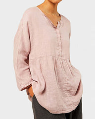 Plus Size Cotton and Linen Casual Loose V-neck Long-sleeved Shirt Top