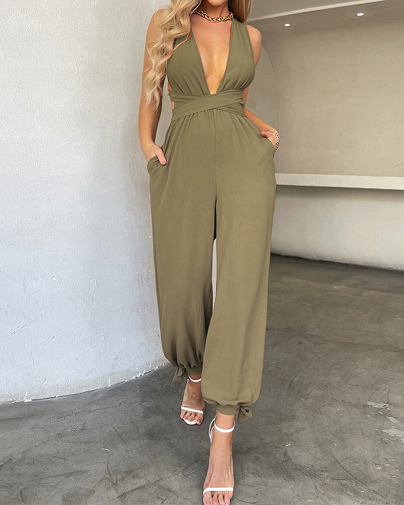 Crisscross Tie Backless Halter Jumpsuit Deep V Neck Sleeveless Jumpsuits