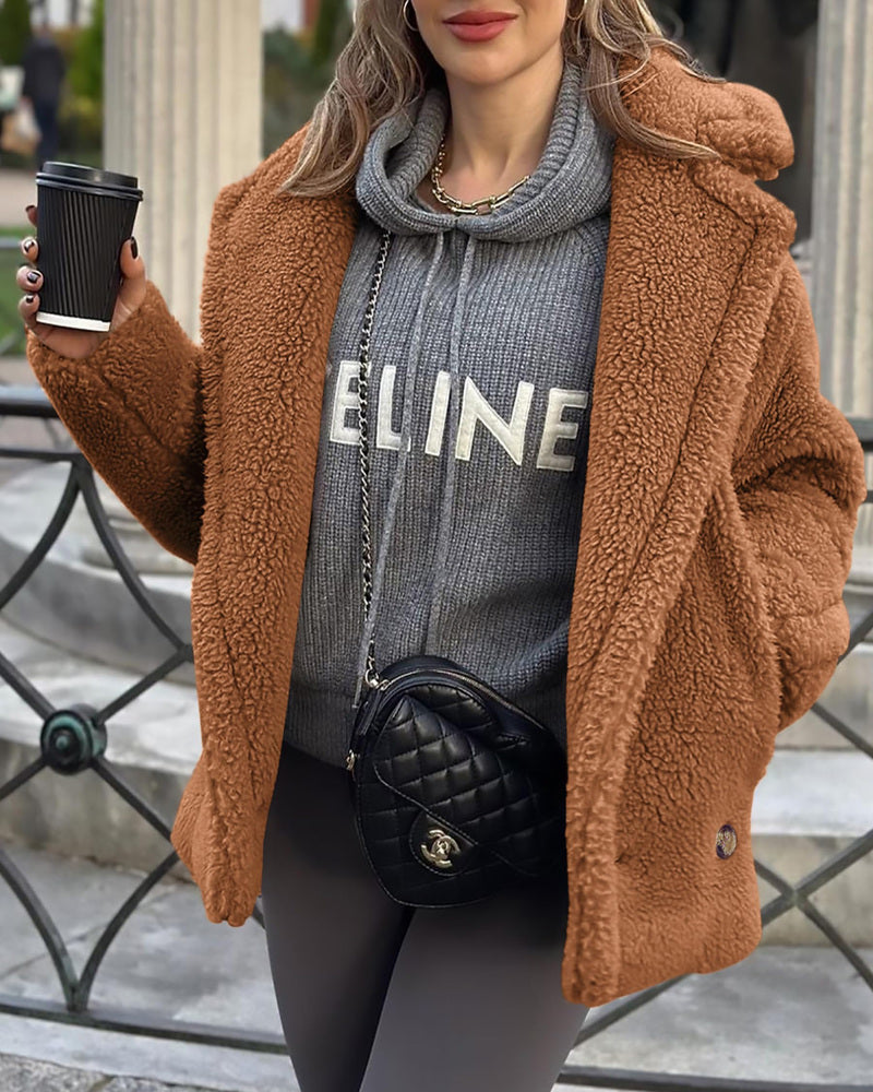 Lapel Fleece Jacket Long Sleeve Pockets Faux Fur Dressy Fall Outfits