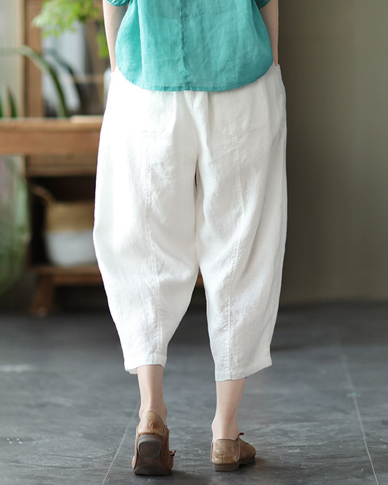 Loose Stitching Solid Color Elastic Waist Cropped Harem Pants