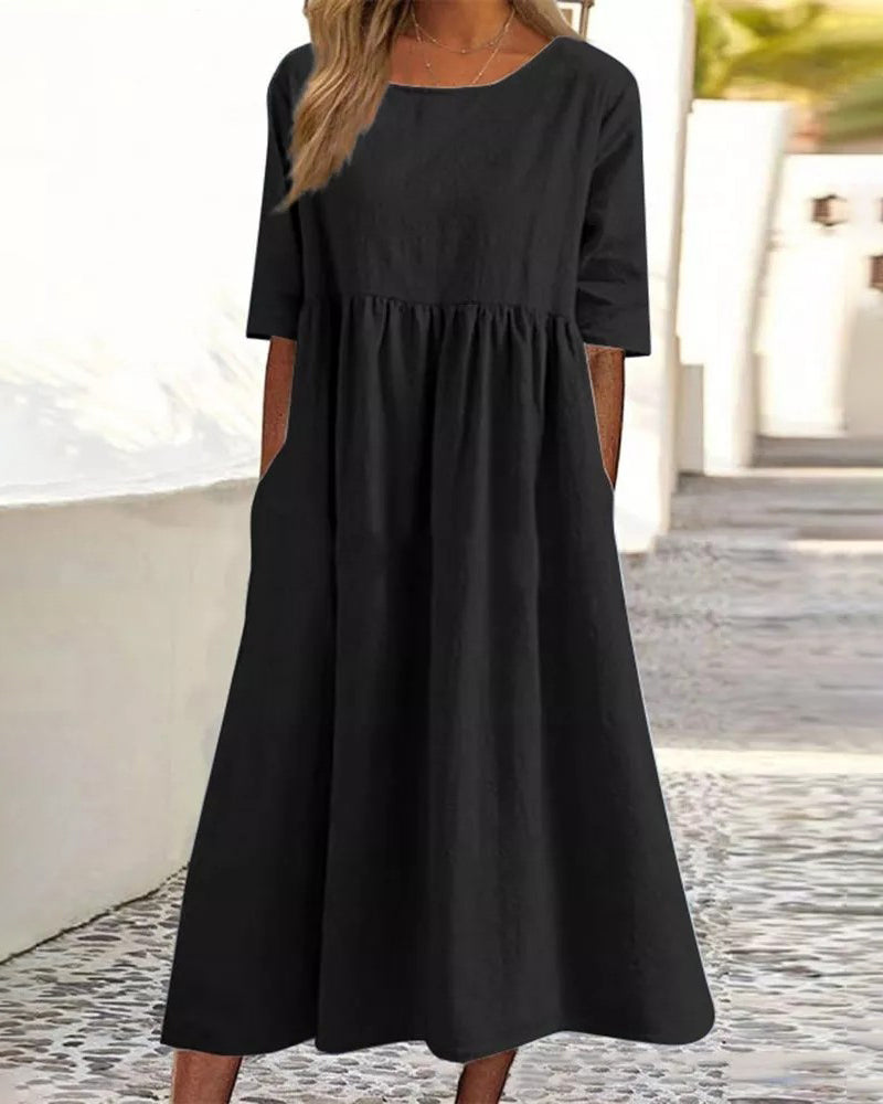 Beach Short Sleeve Scoop Neck Ruffle Swing Casual Boho Midi Dress with Pockets