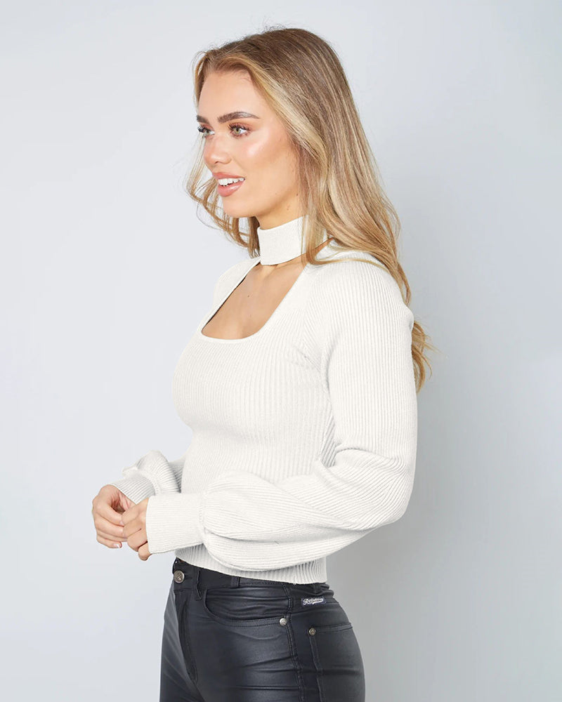 Lantern Sleeve Hollow Half Turtleneck Knit Sweater