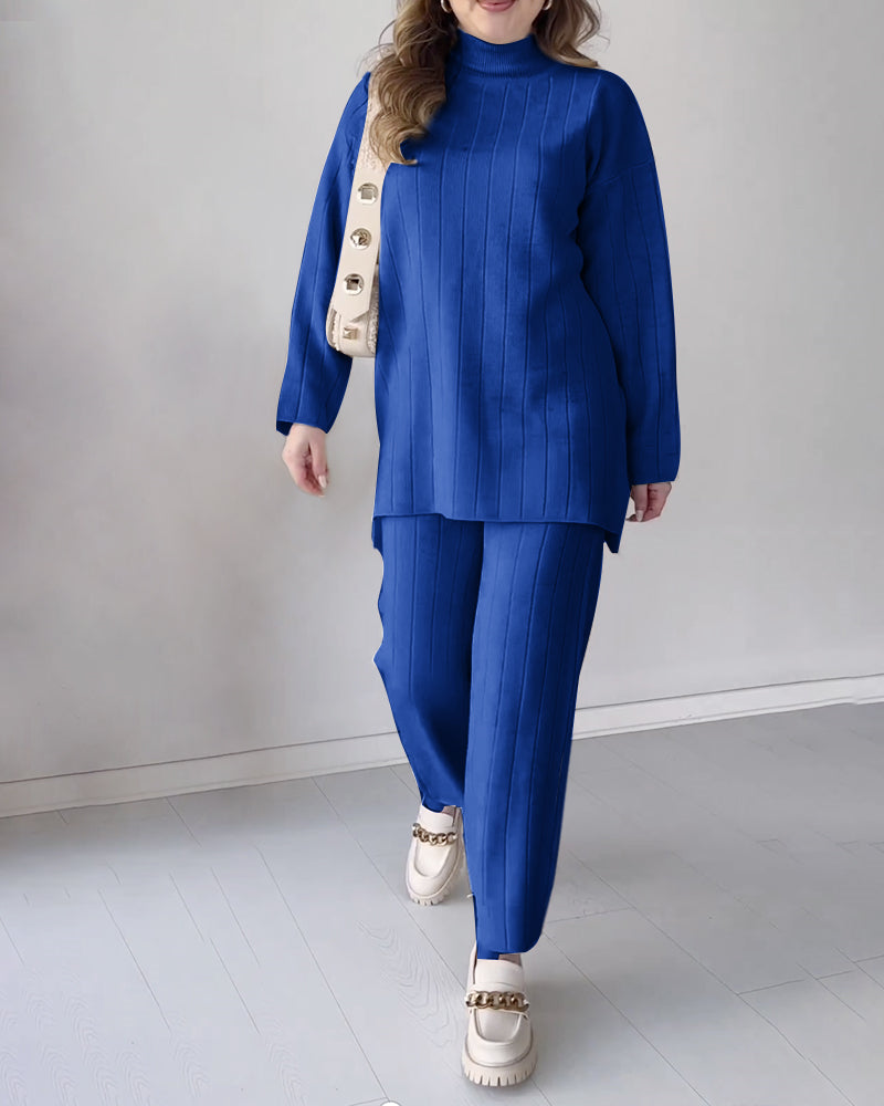 Solid Color Turtleneck Mid-length Casual Two-piece Sweater Set