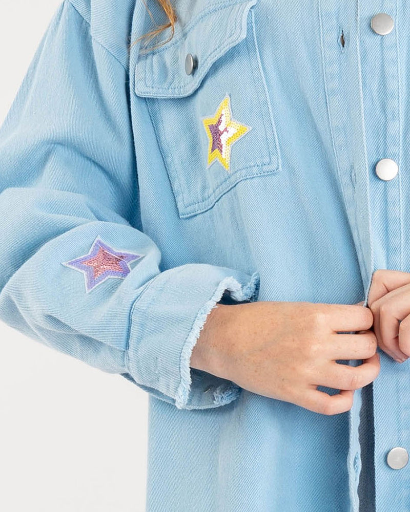 Long Sleeve star sequin shirt Button Down Basic Denim Jacket With Pockets