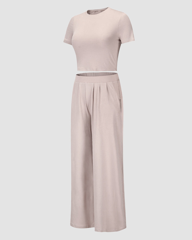 Two Piece Outfit Short Sleeve Crop Top and Wide Leg Pant Set
