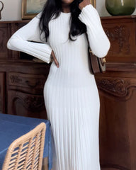 Long Sleeve Dress Crew-Neck Knit Maxi Dress Ribbed Elegant Long High Waist Pleated Dresses