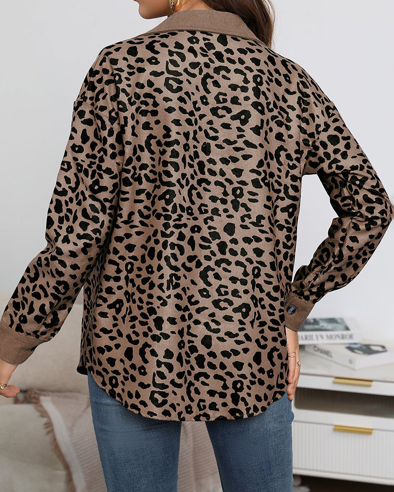 Leopard Jacket Long Sleeve Lapel Button Down Corduroy Shirts