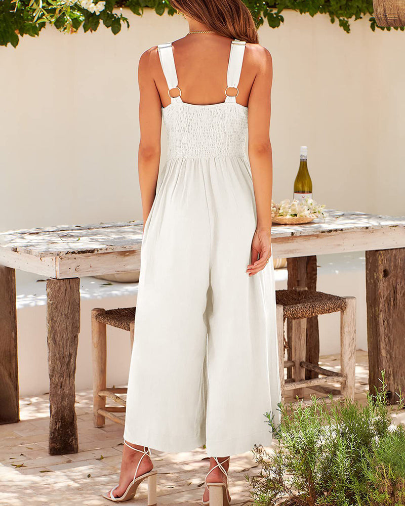 Casual Sleeveless Hollows High Waist Bodysuit Spaghetti Strap Loose Jumpsuit Overalls