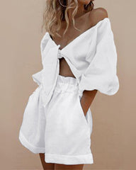 Half Sleeve Knot Front Crop Cardigan Top with Shorts Sets