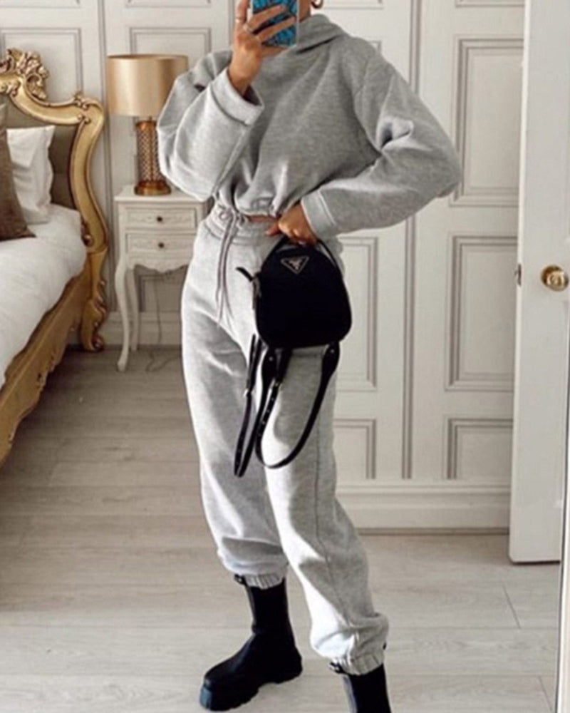 Two Piece Outfits Casual Lounge Sets Long Sleeve Drawstring Cropped Hoodie with Sweatpants