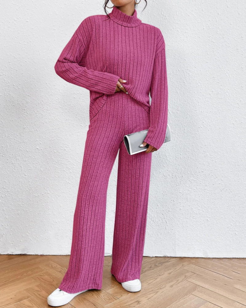 Women's Two Pieces Sets Ribbed Knit Turtleneck Long-Sleeve Top & Pants Set