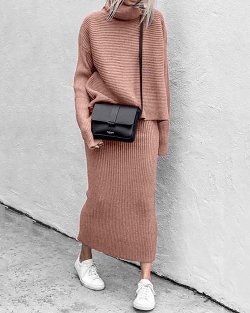 Casual Two Pieces Knitted Turtleneck Sweater Top Long Skirts Lounge Set