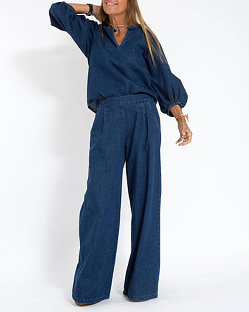 Casual Denim Two-piece Set Loose Puffed Sleeve Blouse and Wide-leg Pants