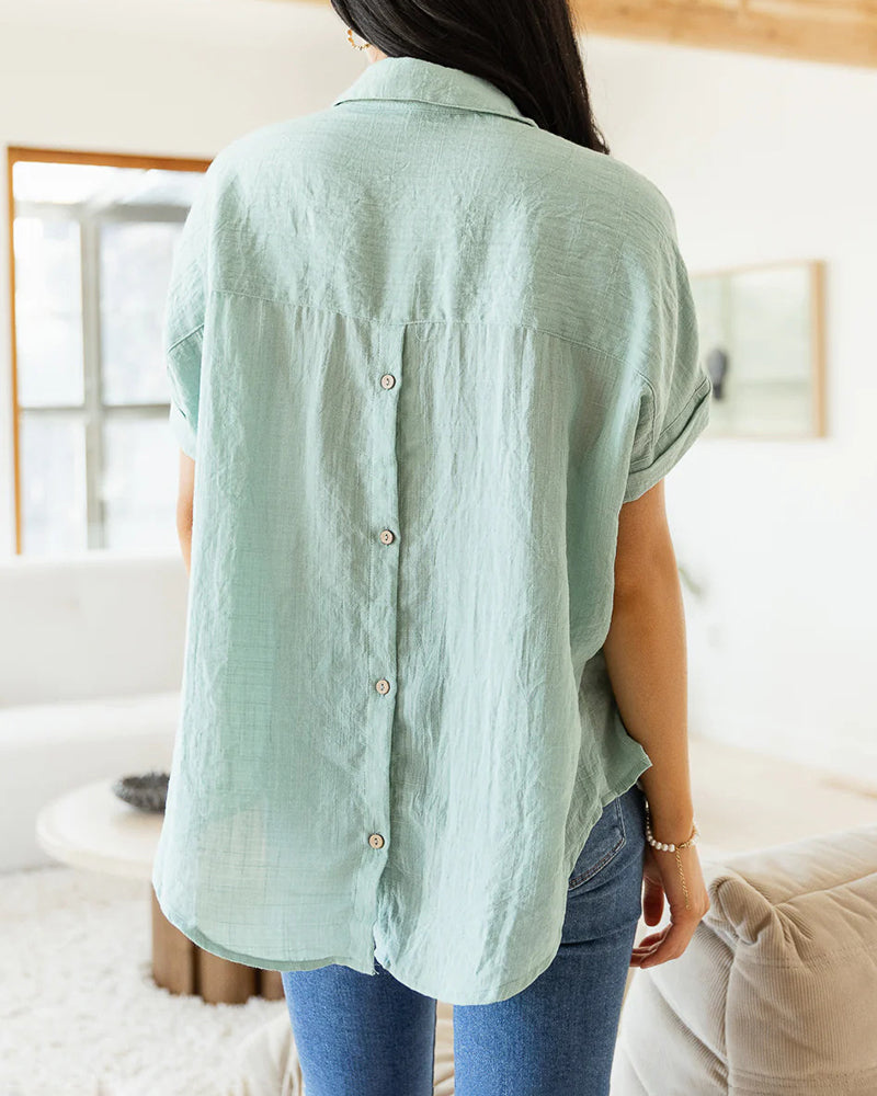 Short Sleeve V-Neck Shirt Button Down Back Irregular Hem T-Shirt Tops