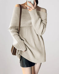 Off-Shoulder Plain Ribbed Sweater