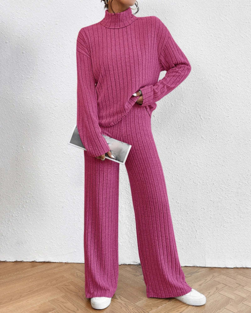 Women's Two Pieces Sets Ribbed Knit Turtleneck Long-Sleeve Top & Pants Set