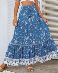 Bohemian Floral Skirt Elastic High Waist A- Line Tiered Flowy Beach Maxi Skirt