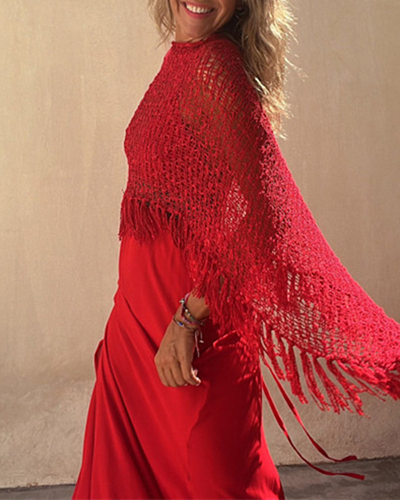 Dolman Sleeve Fringe Knit Sweater Pullover Cape Shawl Blouse