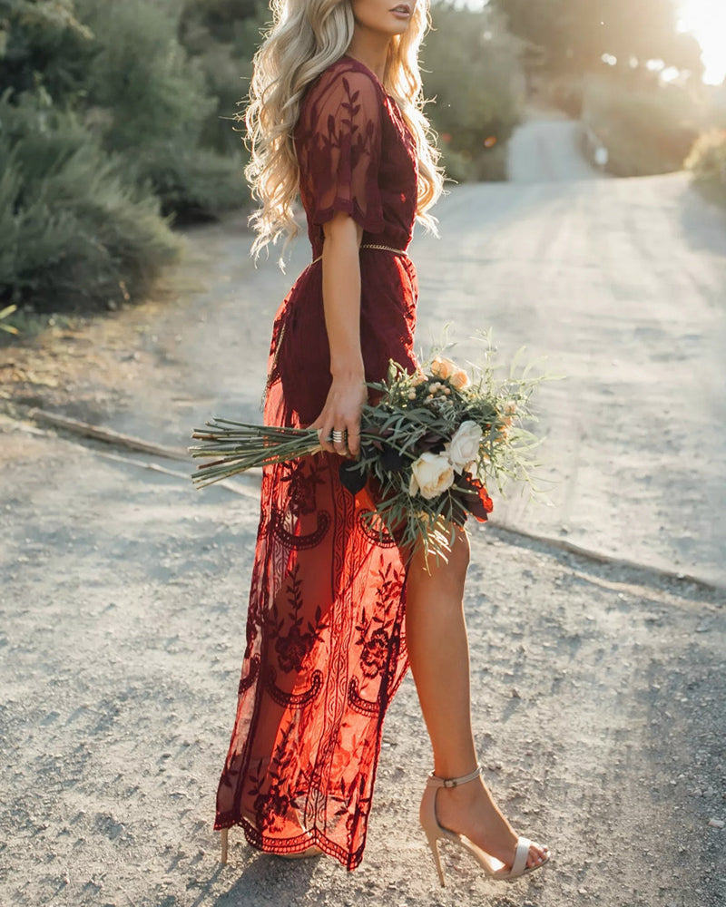 Floral Lace Maxi Dress V Neck Short Sleeve Boho Wedding Bridesmaid Evening Party Beach Slit Flowy Long Dresses