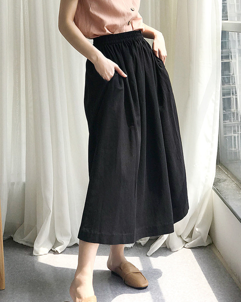 Elastic Waist Cotton Linen Big Swing A-line Skirt