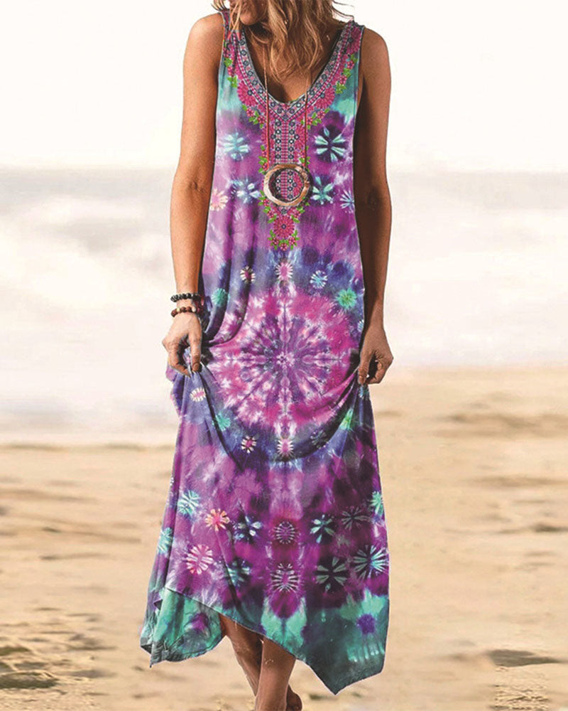 Ethnic Style Print Dress Long Maxi Dresses Retro Tank Dress Loose Beach Dress
