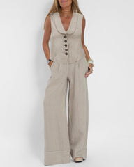 Effortlessly Chic Two Pieves Lapel Sleeveless Vest and Wide Leg Pants Set