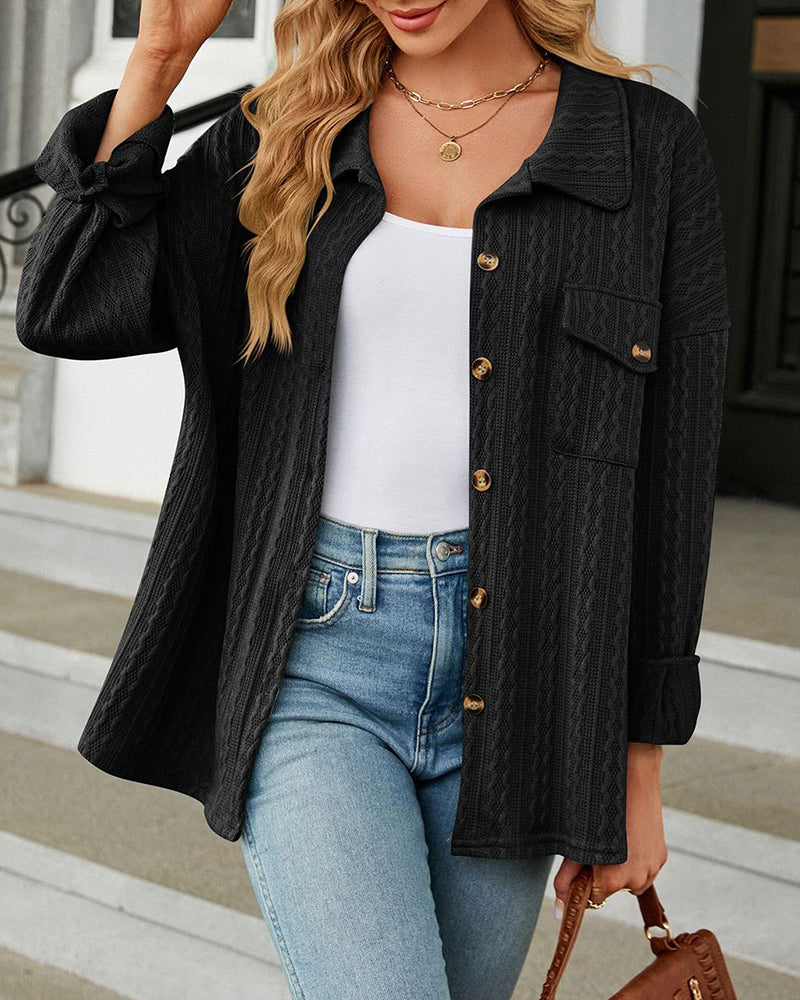 Solid Color Turn-Down Collar Twisted Knit Long Sleeve Loose Jacket