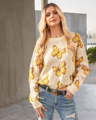 Butterfly Print Crew Neck Oversized Knit Sweater