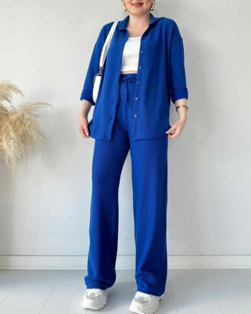 Simple Casual Two-Piece Set Lapel-Neck Shirt+Wide-leg Pants