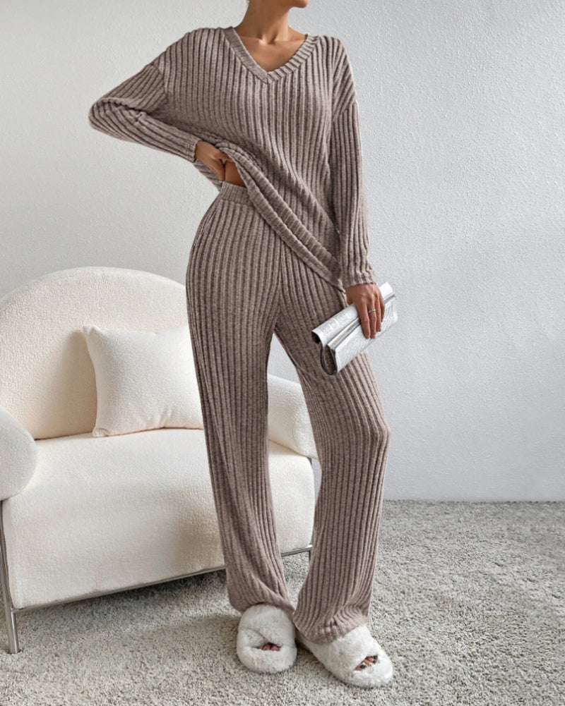 Women's Two Pieces Sets Ribbed Knit V-Neck Long-Sleeve Top & Pants Set