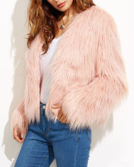 Faux Fur Coat Long Sleeve V-Neck Plush Warm Jacket Coat