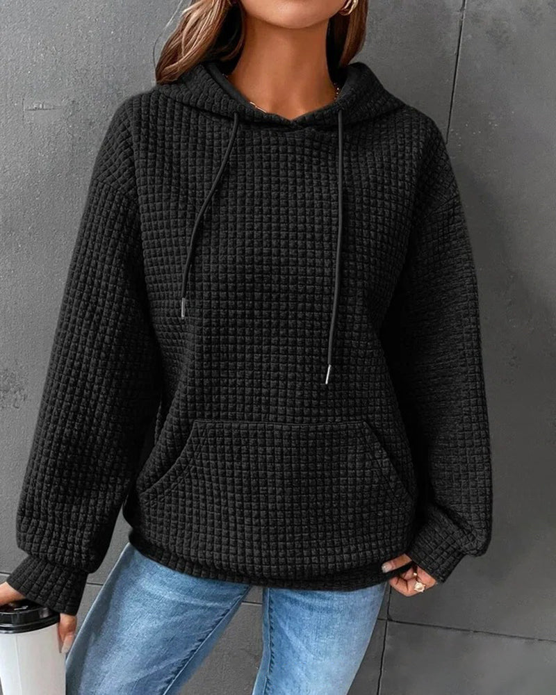 Casual Long Sleeve Waffle Hoodie Drawstring Pullover Sweatshirts Crop Top with Pockets