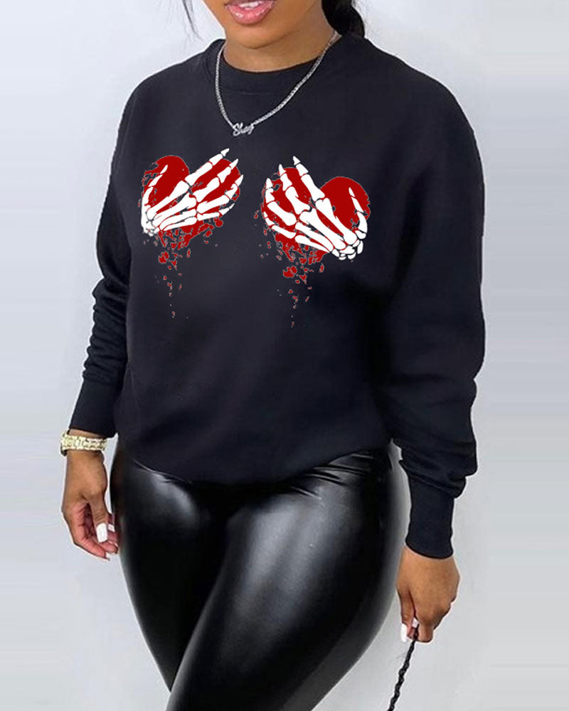 Plus Size Skeleton Heart Print Long Sleeve Sweatshirt