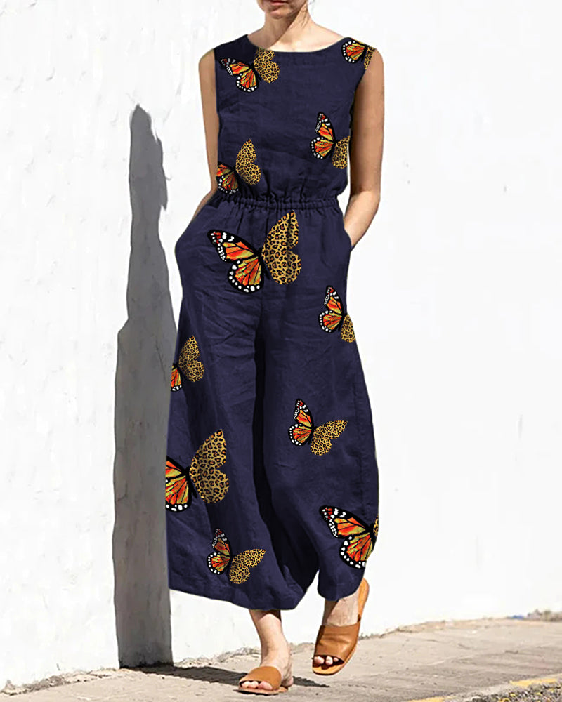 Butterflies Printed Elastic Waist Playsuit Plain Sleeveless Wide Leg Long Jumpsuit