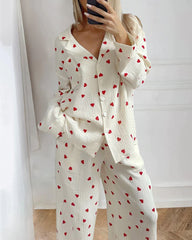 Casual Heart-print Long Sleeve Soft Pajama Set