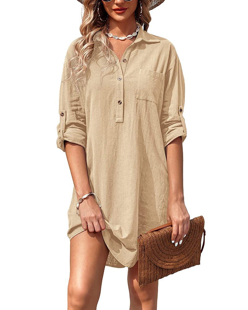 Zeagoo Women's Cotton Shirt Dress Button Down Roll-Up Sleeve Linen Henley Tunic Top Summer Beach Coverup (US Only)