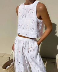 Two Piece Outfits Hollow Out Sleeveless Crop Tops Wide Leg Pants Set