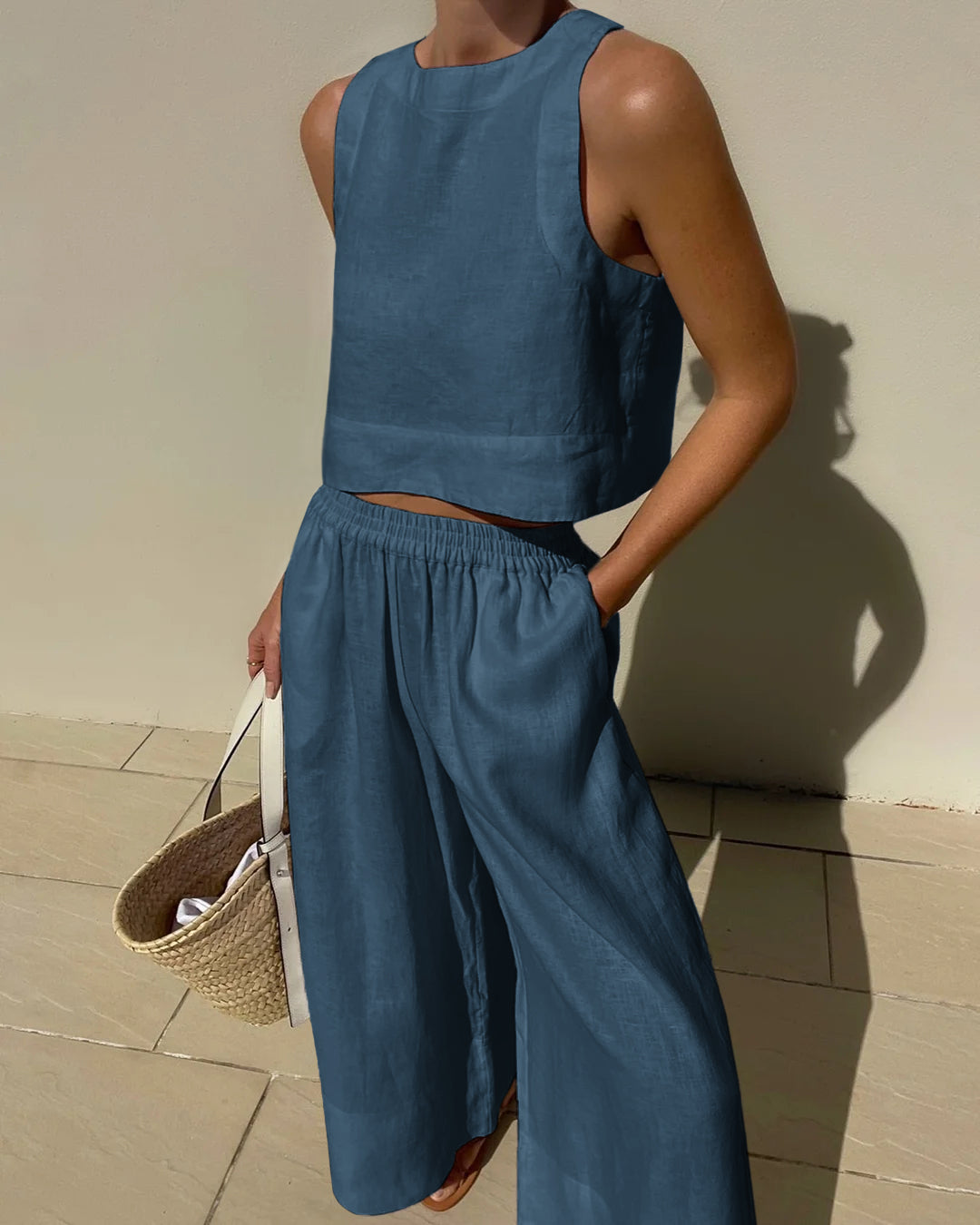 Two Piece Outfits Sleeveless Crop Tops Elastic Waist Wide Leg Pants Set