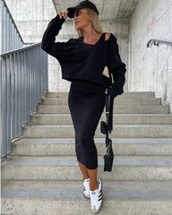 Elegant Two-piece Set Sexy V-neck Off-shoulder Sweatshirt & Sleeveless Knitted Dress Skirt