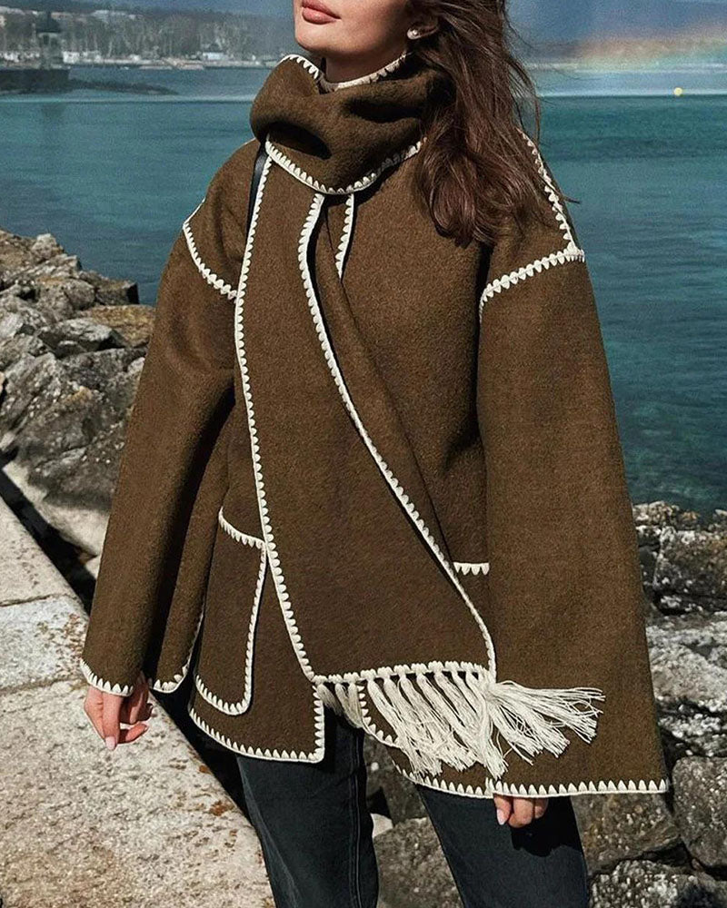 Women's Thickened Loose Woolen Coat with Fringed Scarf