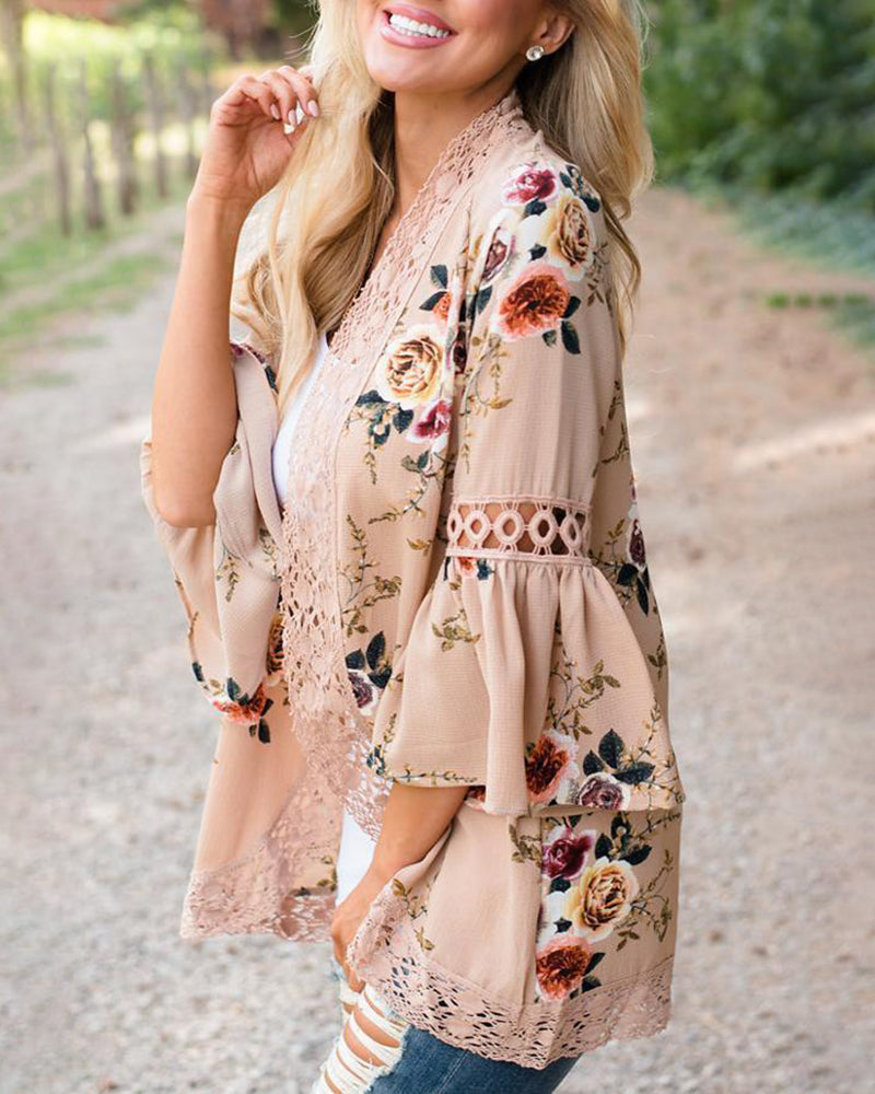 Flare Sleeve Floral Print Lace Blouse Cardigan