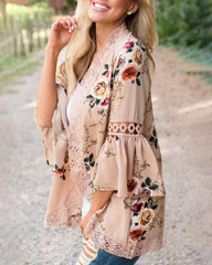 Flare Sleeve Floral Print Lace Blouse Cardigan