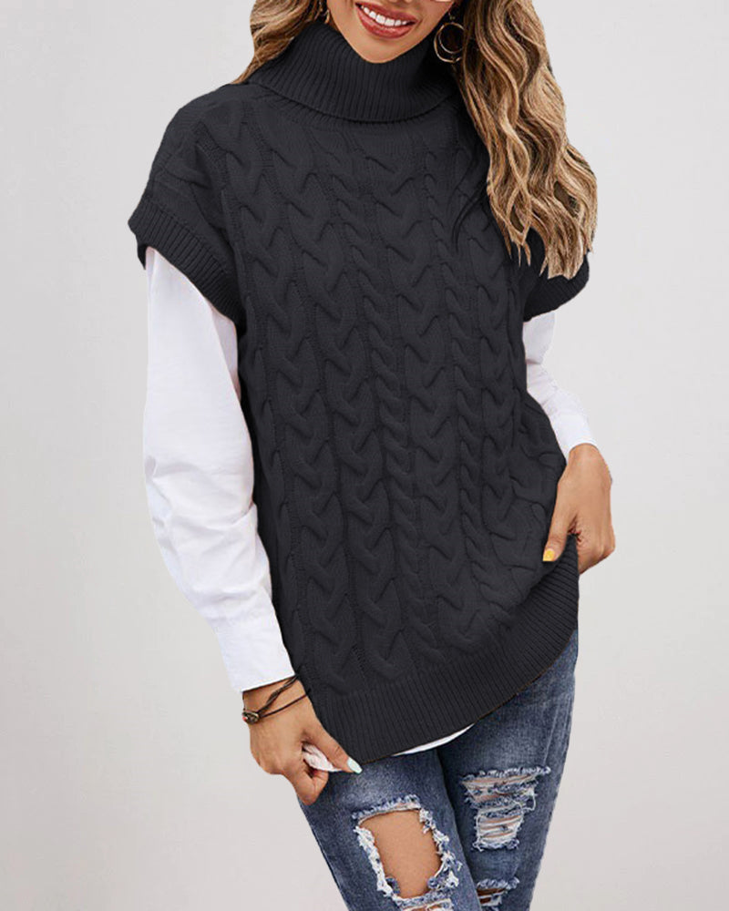 Turtleneck Sleeveless Cable Knitted Tank Tops Casual Loose Solid Sweater