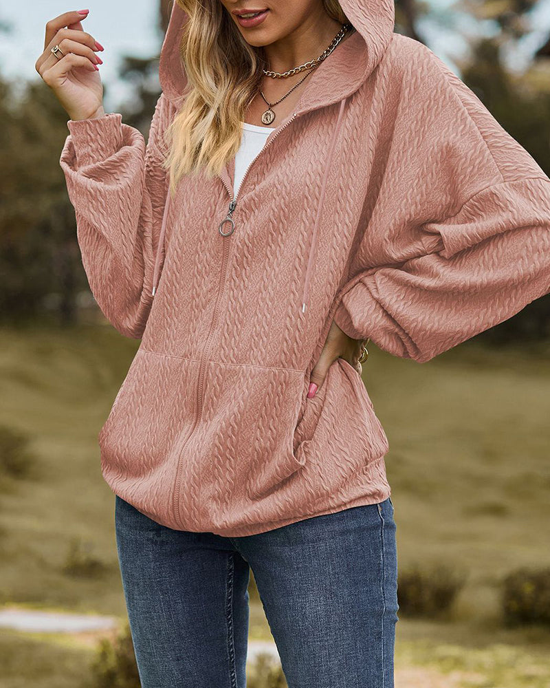 V-Neck Zipper Closure Solid Color Long Loose Hoodie Jacket