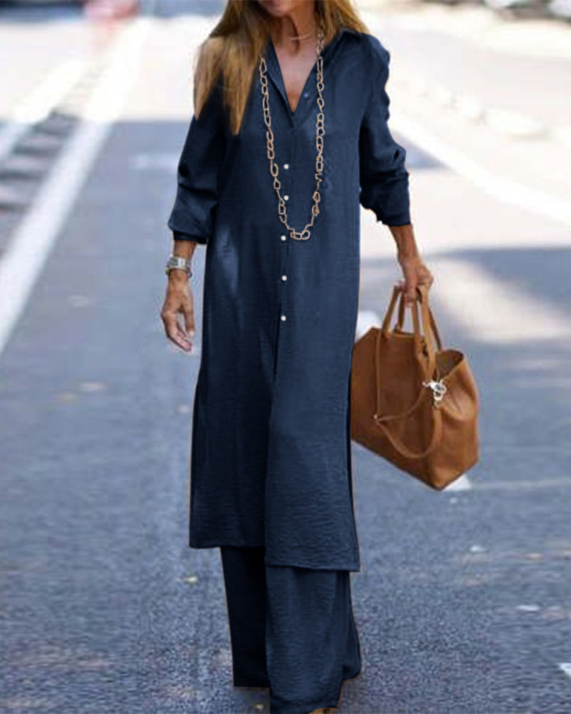 Casual Long Sleeve Shirt and Wide Leg Pants Set